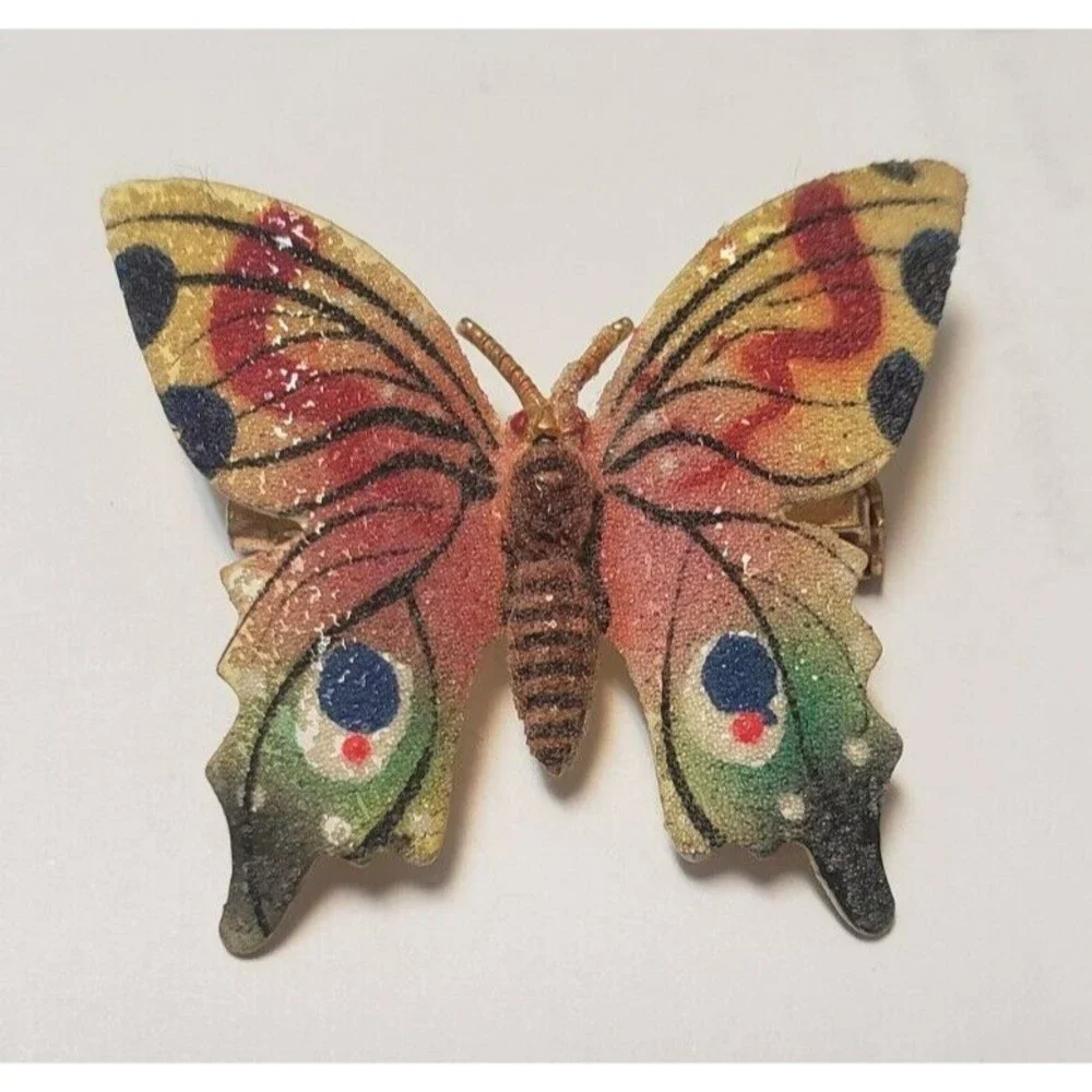 Vintage Korea Painted Flocked Stamped Metal Small  Butterfly Brooch - Picture 2 of 7